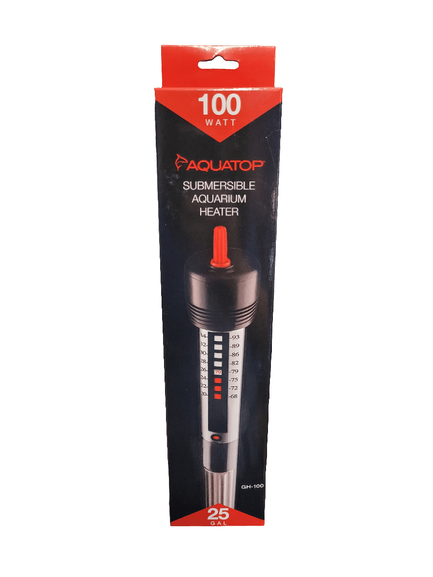 A packaging for the Aquatop Submersible Aquarium Heater, designed in black and red, showcases an image of the heater with a red knob. The box prominently displays "100 Watt" at the top and notes its compatibility with 25-gallon tanks.