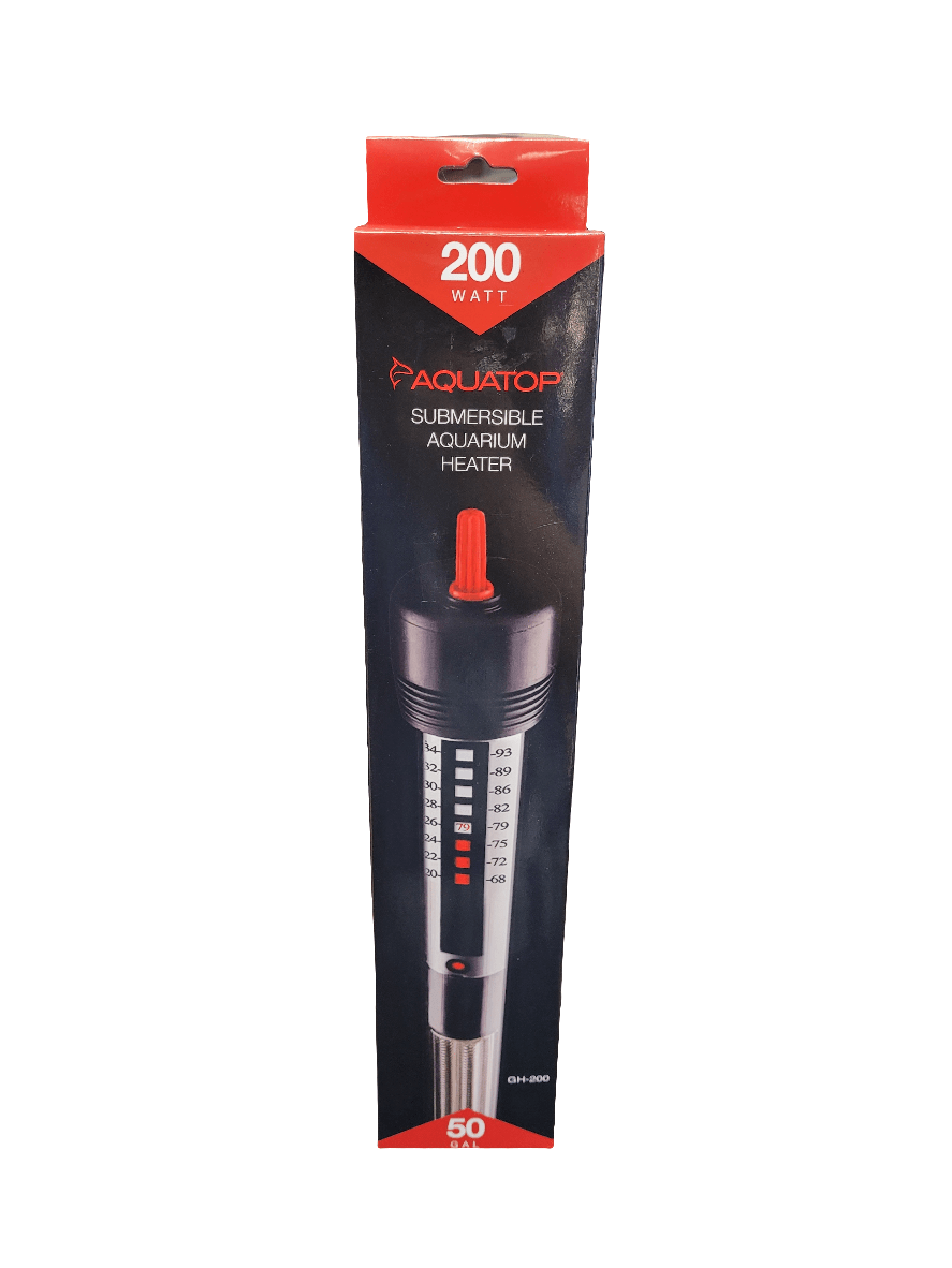 Packaging of the Aquatop - Submersible Aquarium Heater - 200 watt. The box primarily showcases a black design with red highlights and includes an image of the heater, with the branding prominently displayed on the front.