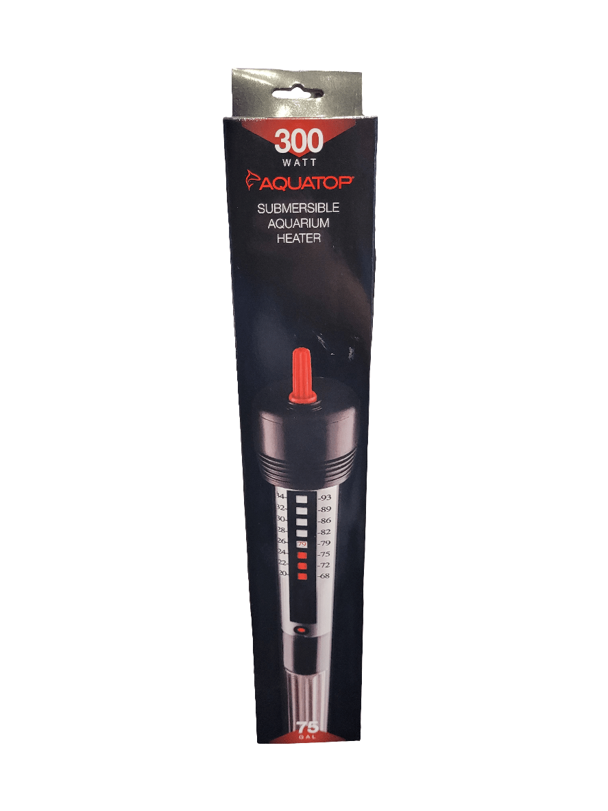 The packaging for the Aquatop - Submersible Aquarium Heater - 300 watt contains a long black and red heater that includes measurement markings to indicate temperature.