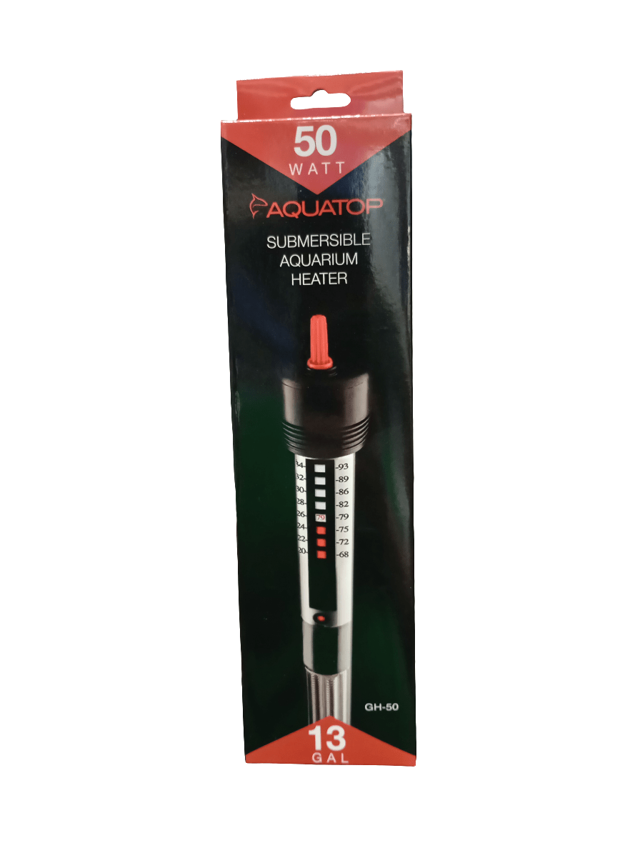 A box for the Aquatop - Submersible aquarium Heater - 50 watts, designed for 13-gallon tanks, features a black and red design with an image of the heater displaying a temperature scale and red dial, set against a black background.