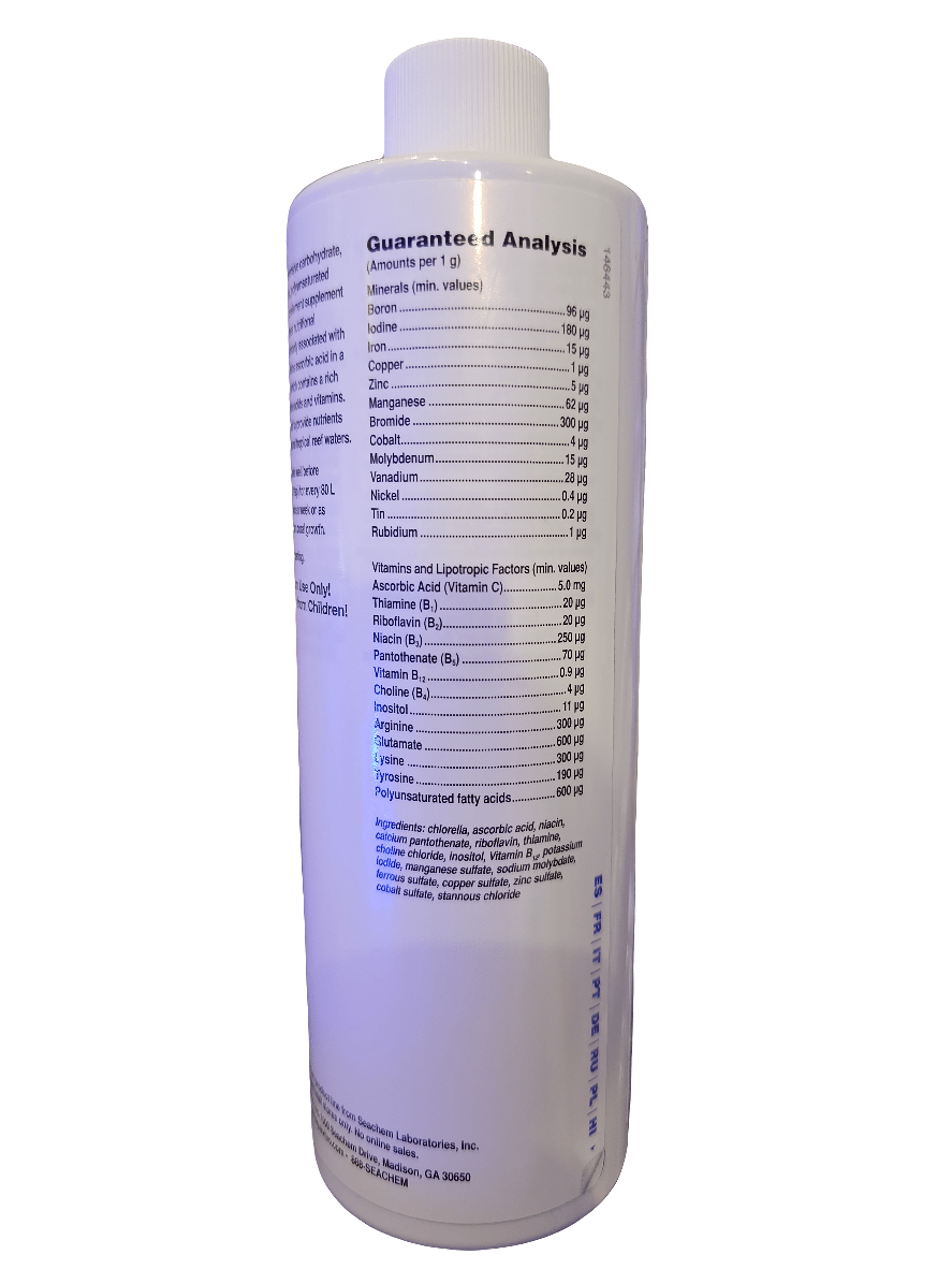 Introducing the Aquavitro Fuel, a 350ml white bottle that comes with a label providing a detailed guaranteed analysis of essential nutrients, vitamins, and minerals such as iron, iodine, and zinc. As an amino acid supplement designed for optimal results, this product features black text listing quantities per gallon. It includes a screw cap to ensure secure storage.