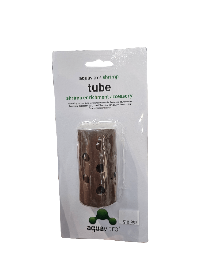 The Aquavitro - Shrimp Tube, specifically crafted for small animals, features a cylindrical brown design with multiple holes. Priced at $10.99, it is ideal for providing stress relief in shrimp habitats.