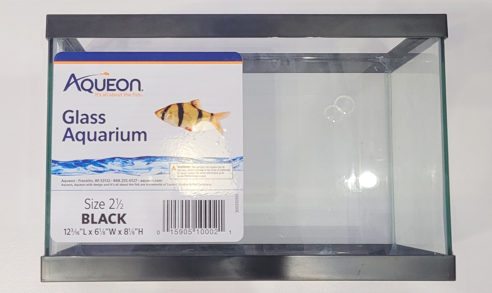 A compact rectangular aquarium featuring a black frame, made of glass, proudly displays the Aqueon brand label along with a fish illustration, indicating its 2.5-gallon capacity. The dimensions measure 12.25 inches in length, 6.5 inches in width, and 8.5 inches in height.