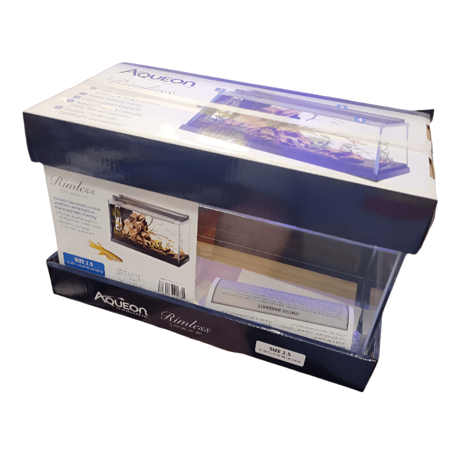 A transparent box showcasing the Aqueon - 2.5 Gallon Rimless Glass Aquarium kit. The box features an image of the aquarium setup inside, highlighting a compact tank with plants and rocks, with product details printed on the top and sides.