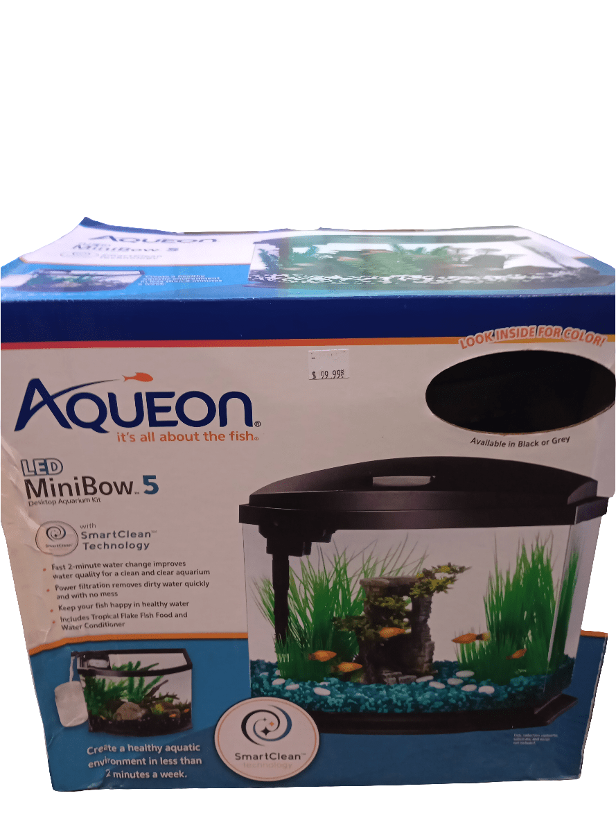 Aqueon - 5 Gallon MiniBow Acrylic Aquarium, comes as an LED fish tank package complete with plants and fish. It includes SmartClean technology for hassle-free water changes and is available in black or grey.