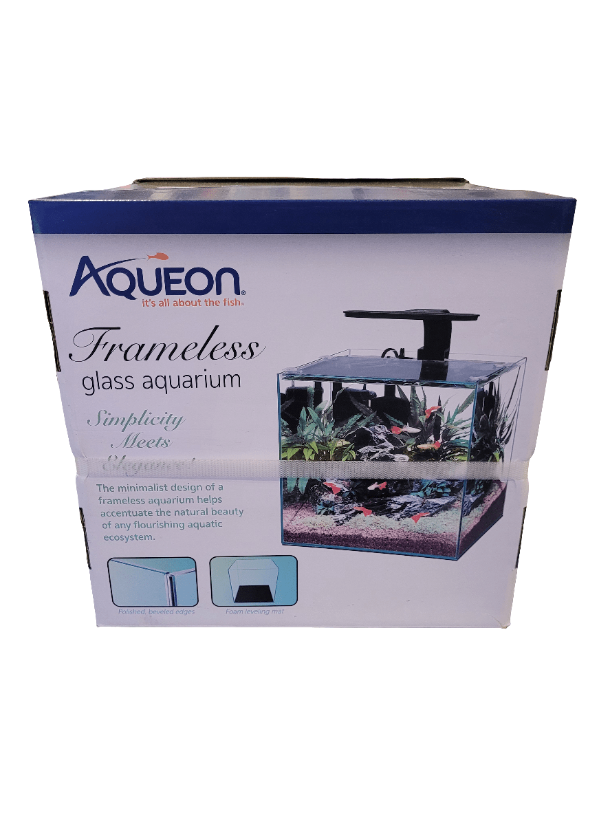 The packaging for the Aqueon - 6 Gallon Frameless Glass Aquarium showcases an image of a sleek, rimless glass tank teeming with fish and aquatic plants, emphasizing the aquarium's simple yet elegant design.