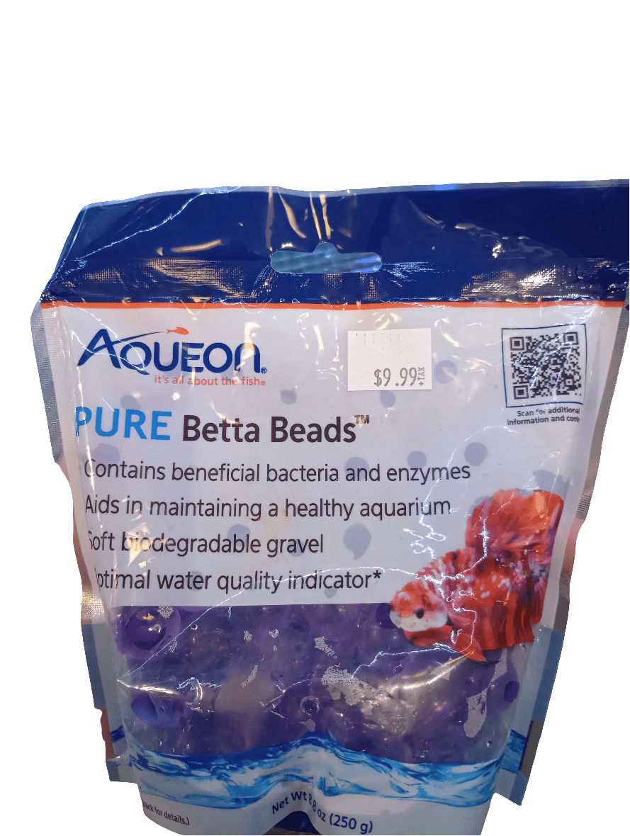 A bag of Aqueon Betta Beads Purple priced at $9.99 showcases beneficial bacteria, enzymes, and water quality indicators on its packaging, along with a QR code and an image of a fish.