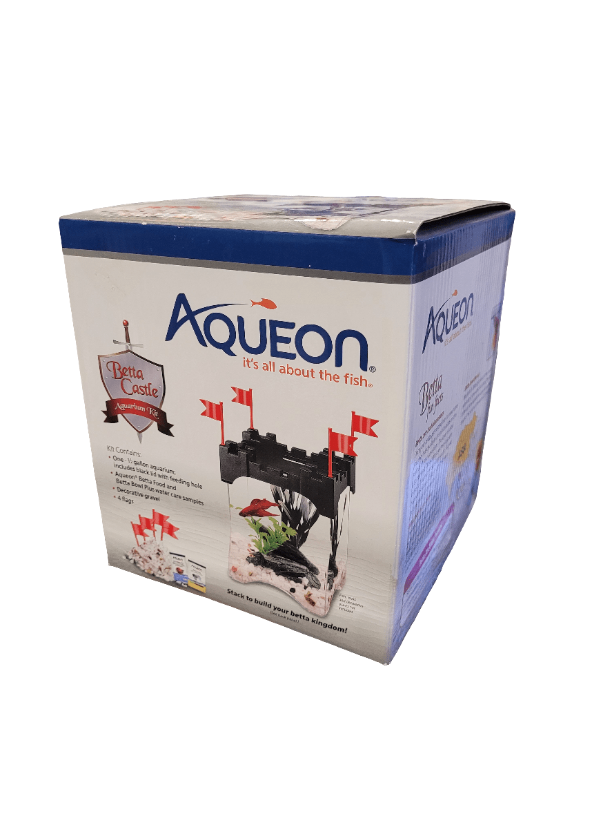 Image of an Aqueon - Betta Castle Kit box highlighting the aquarium setup. The packaging displays the assembled kit, featuring a fish tank with a decorative castle, plants, and additional elements. The box predominantly features white with blue and red accents.