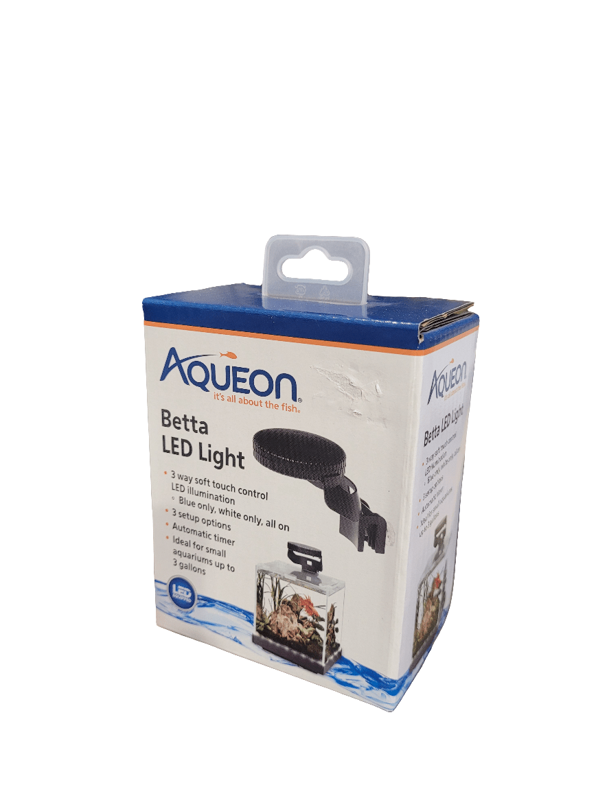 Product Image of Aqueon - Betta LED Light. The packaging emphasizes features such as 3-way touch control, multiple color options, automatic on/off functionality, and its suitability for small aquariums up to 5 gallons.