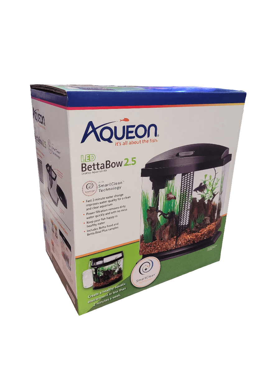 The image displays a box for the Aqueon - BettaBow 2.5 Gallon Acrylic Aquarium. The packaging includes an illustration of the aquarium with décor and plants, emphasizing its SmartClean technology for effortless maintenance.