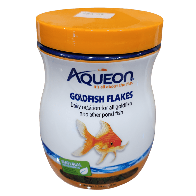 The 2.29oz container of Aqueon Goldfish Flakes, featuring an orange lid, displays a label with a goldfish image and text highlighting its provision of daily nutrition for both goldfish and pond fish.