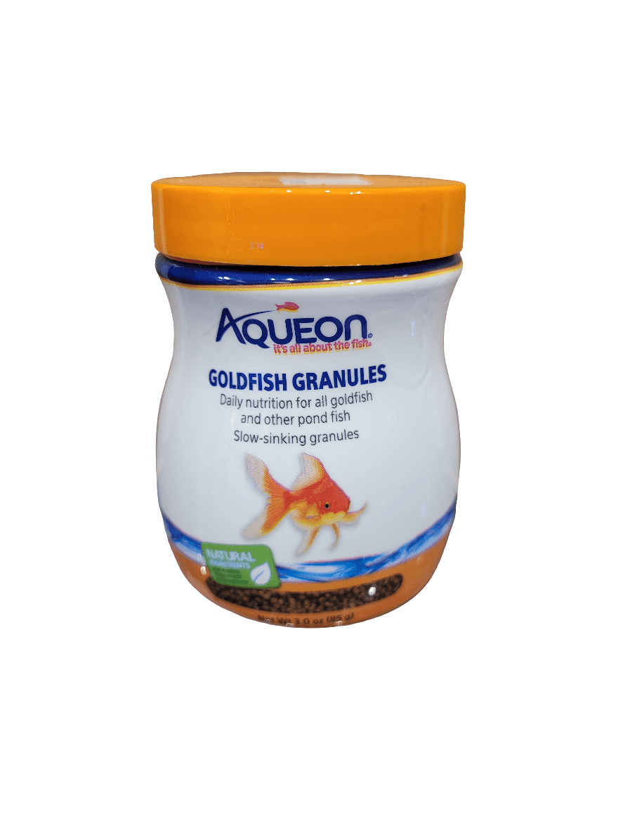 A 3oz jar of Aqueon Goldfish Granules with an orange lid features the label: Daily nutrition for all goldfish and other pond fish, slow-sinking granules, natural ingredients. The front displays an image of a goldfish.