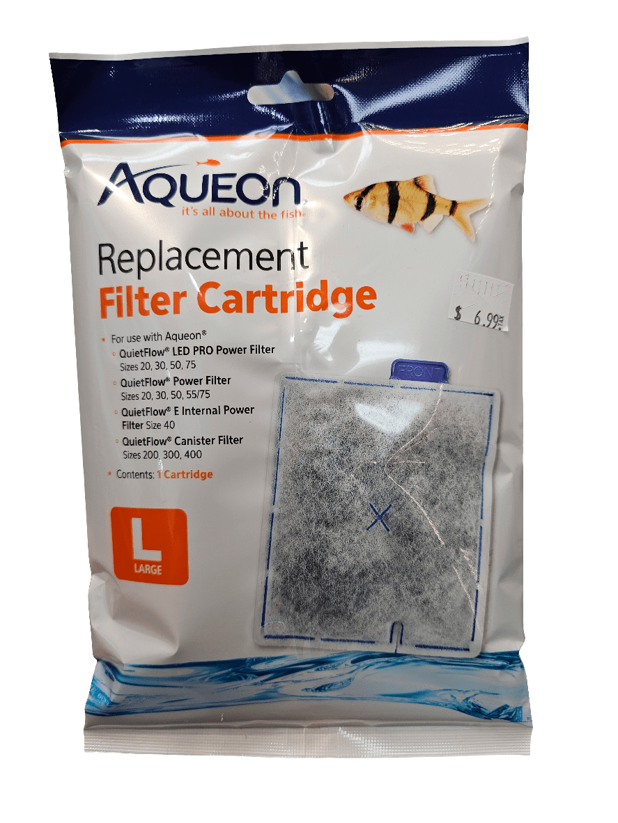 Image of an Aqueon Large Filter Cartridge for aquariums. The packaging features an image of a filter cartridge and a fish, indicating it's compatible with QuietFlow and other filters. The price is listed as $6.99.