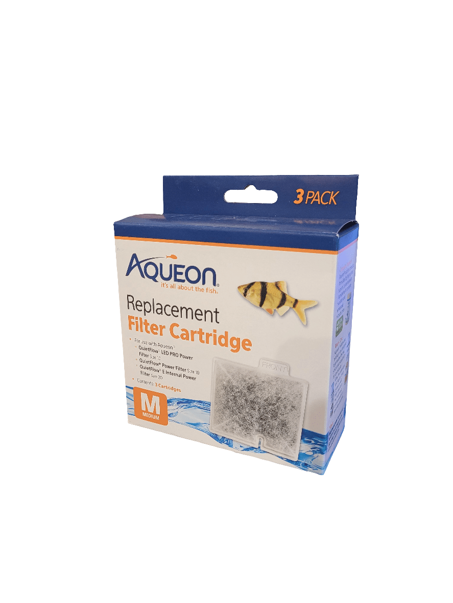 A box of Aqueon - Medium Filter Cartridge - 3ct, featuring a fish image and designed with blue and orange accents, indicates it's for medium-sized filters and is compatible with Aqueon power filters.