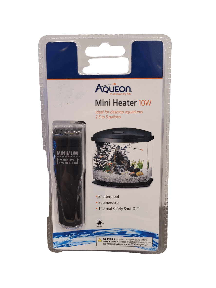 The packaging for the Aqueon Mini Aquarium Heater, 10 watt, designed for aquariums ranging from 2.5 to 5 gallons, prominently displays its features: shatterproof construction, submersible design, and thermal safety shut-off. The package includes an image of an aquarium with the heater inside.