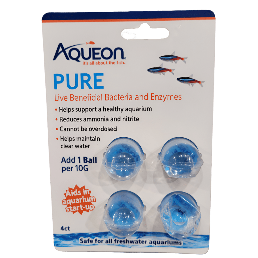 A package of Aqueon - PURE Live Beneficial Bacteria contains four units and is marketed as promoting healthy aquariums by reducing ammonia and nitrite levels. It ensures clarity without the risk of overdosing, is safe for freshwater environments, and assists with aquarium start-up.