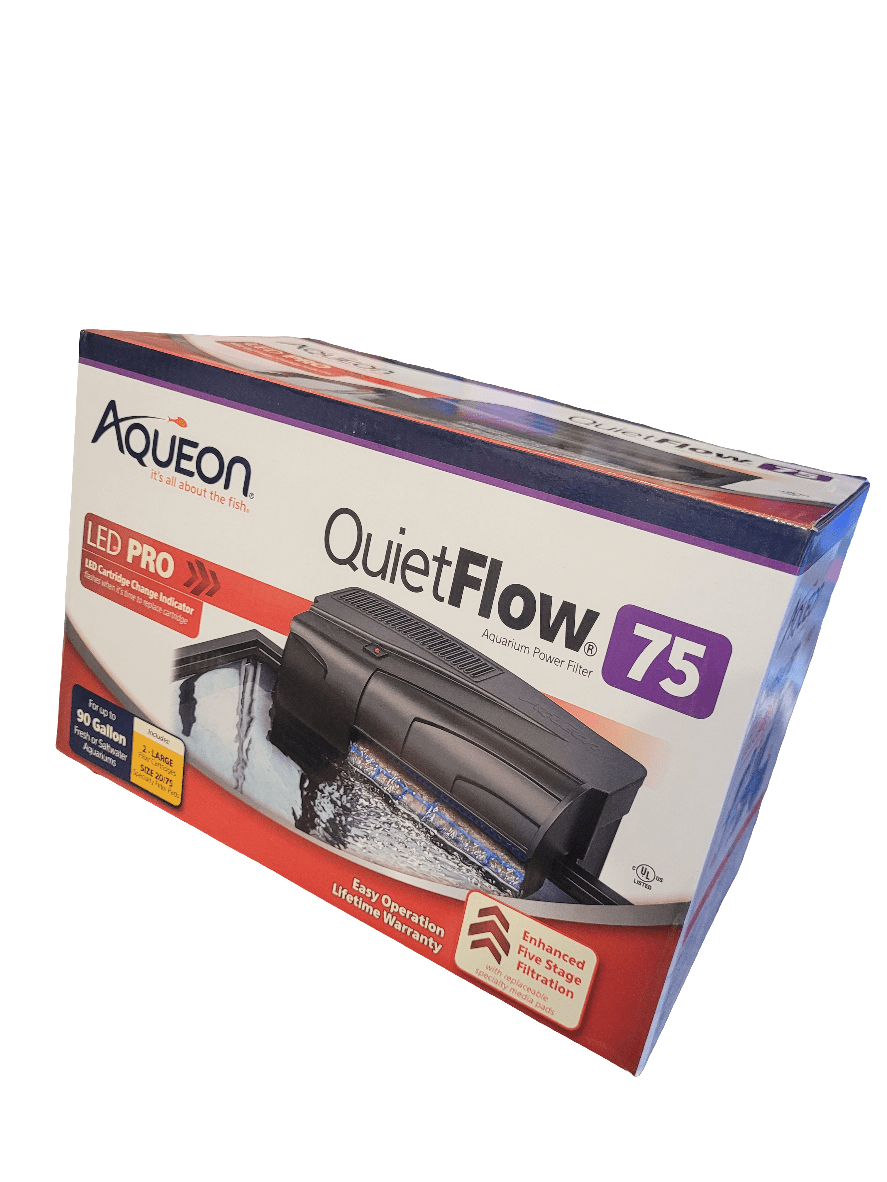 A product box for the Aqueon - Quiet Flow 75 Power Filter showcases features such as an LED indicator, a capacity for 90 gallons, a 5-stage filtration system, and straightforward operation. The design includes blue, red, and white colors along with images of the product.