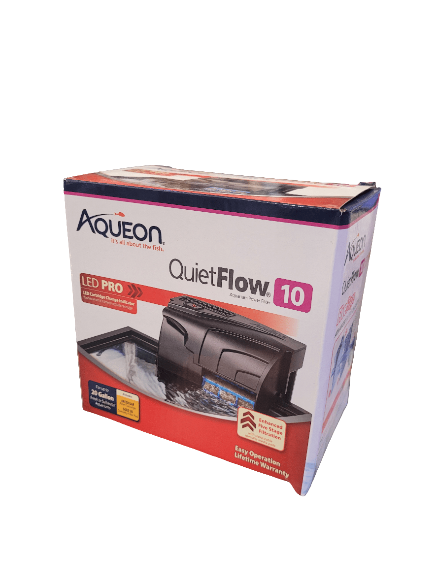 The Aqueon - QuietFlow 10 Power Filter comes with an LED PRO filter system, offering three-stage filtration. The packaging indicates it's suitable for aquariums up to 20 gallons and includes a lifetime warranty notice.