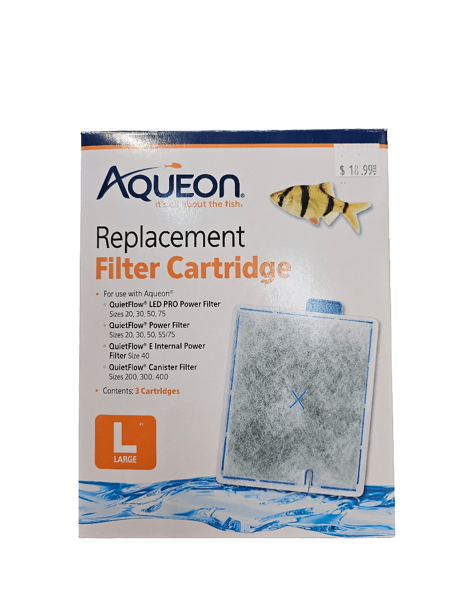 Image of an Aqueon - Replacement Filter Cartridge - LRG 3 pack box. It indicates compatibility with various Aqueon power filters and contains three large cartridges. The price tag shows $18.99, and the box features aquatic-themed graphics.