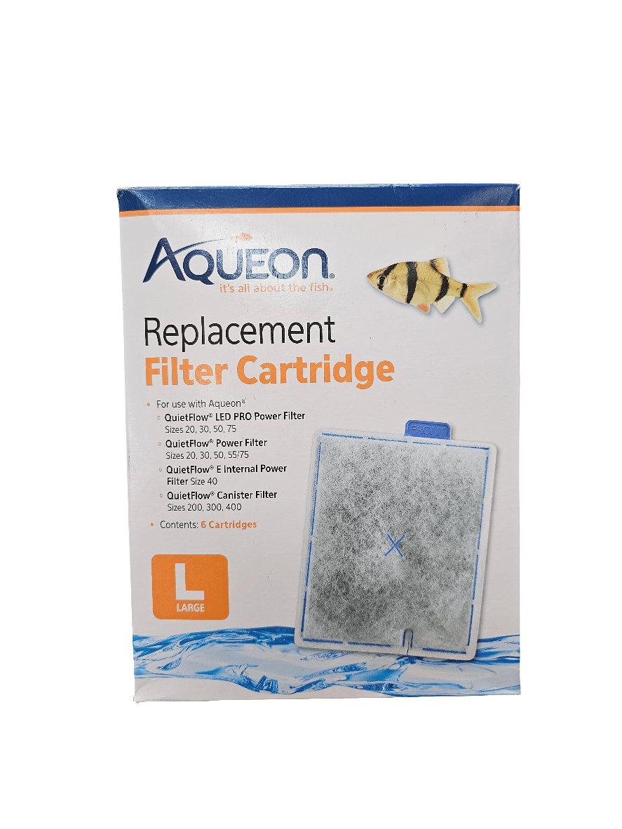 The Aqueon - Replacement Filter Cartridge - LRG 6 Pack is ideal for large aquariums. It is compatible with QuietFlow and AT10 filters and includes six cartridges. The packaging, adorned with a yellow and black fish graphic, guarantees efficient performance with your Power Filter system.