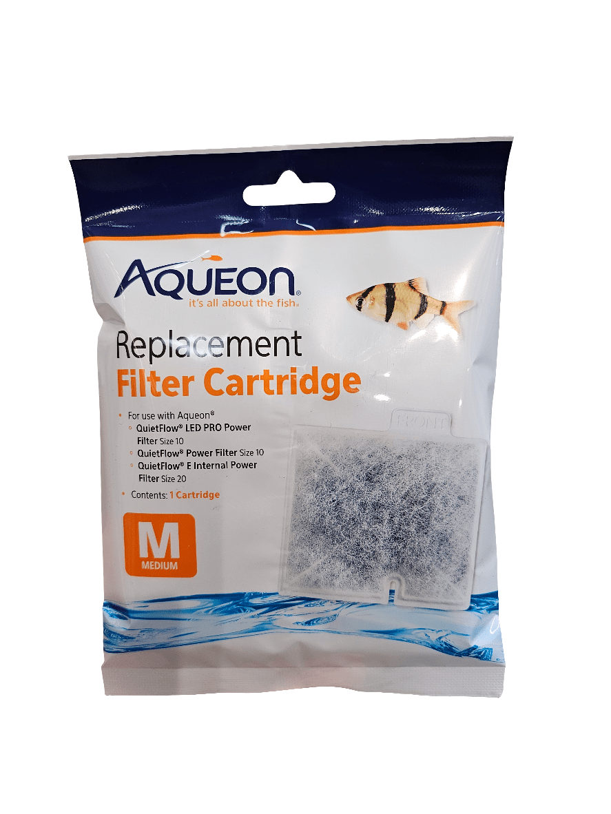 The package of the Aqueon - Replacement Filter Cartridge- Med 1 pack, featuring a fish image, is created for QuietFlow power filters. This medium-sized cartridge guarantees optimal performance and includes one cartridge per pack.