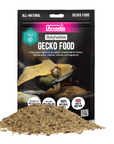 Arcadias StickyFootGold Gecko Food 50g packaging boasts a vibrant gecko image, emphasizing its nutritious ingredients like bee pollen, vitamins, and minerals. Some food is scattered at the bottom, and a Made in Britain label completes the presentation.