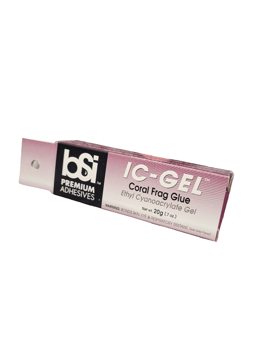 A pink and white box labeled as BSI - IC-Gel Coral Frag Glue - 20g contains Ethyl Cyanoacrylate Gel. It includes warnings for skin, eye, and respiratory irritation.