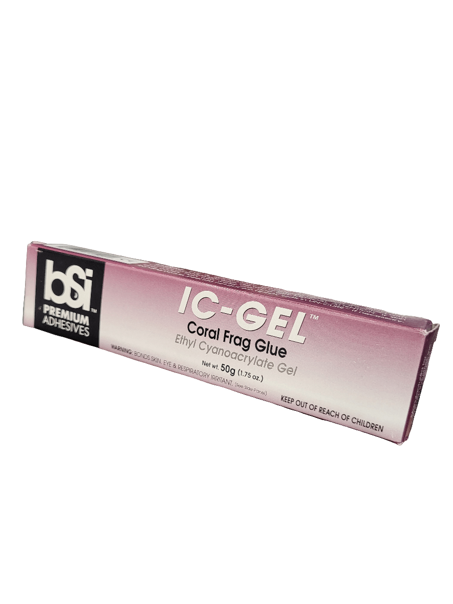 A pink and white box labeled with the BSI branding contains the IC-Gel Coral Frag Glue, featuring ethyl cyanoacrylate gel with a net weight of 50g. A warning is included to keep it out of reach of children.