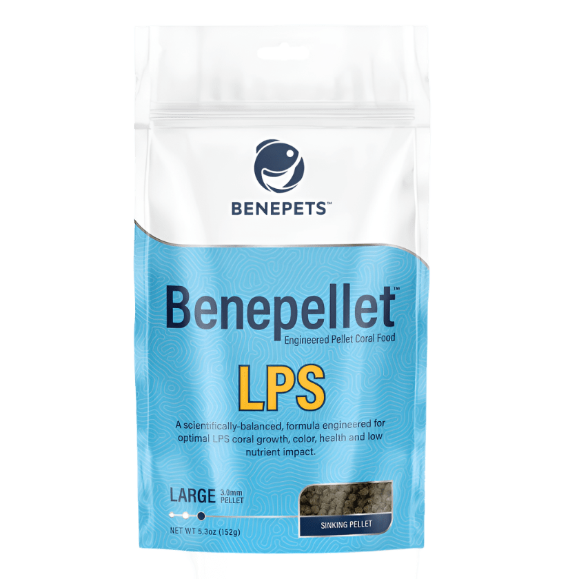 Image of the Benepets - Benepellet LPS - Large 3mm - 152g coral food packaging. The package is primarily white and blue, showcasing a smiling logo at the top. It emphasizes the product as scientifically balanced for promoting coral growth and health. The bag contains large 3mm sinking pellets.