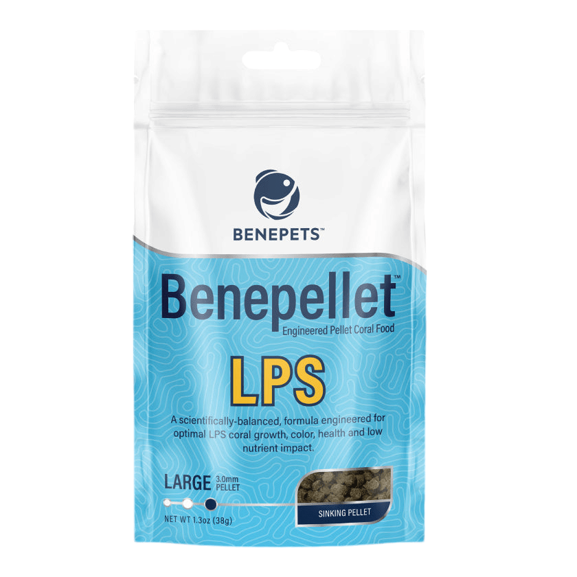 A package of Benepets - Benepellet LPS - Large 3mm - 38g coral food features a white design accented with blue, including a logo and text highlighting its scientifically-balanced formula. It also has a transparent window revealing the sinking pellets inside.