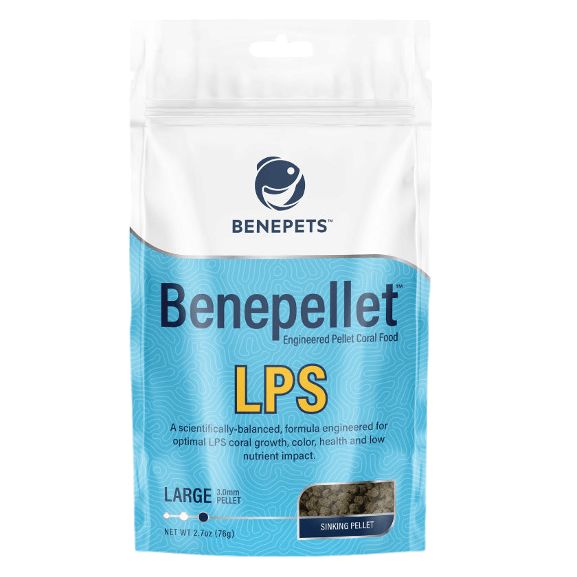 A package of Benepets BenePellet LPS coral food is designed for coral growth and health, featuring a blue and white color scheme. The front displays the brand logo, product name, and highlights its large 3mm sinking pellet formula.