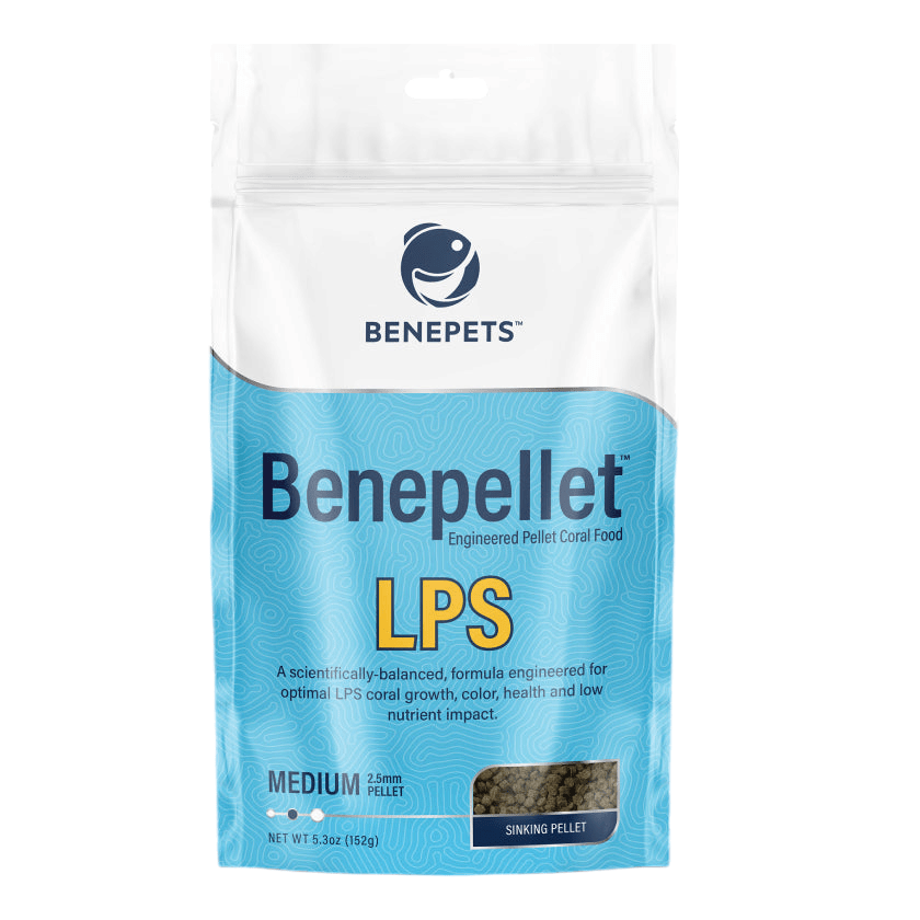 A package of Benepets - Benepellet LPS - Medium 2.5mm - 152g, tailored for the optimal growth and health of LPS corals, features medium-sized sinking pellets and comes in a light blue and white bag.