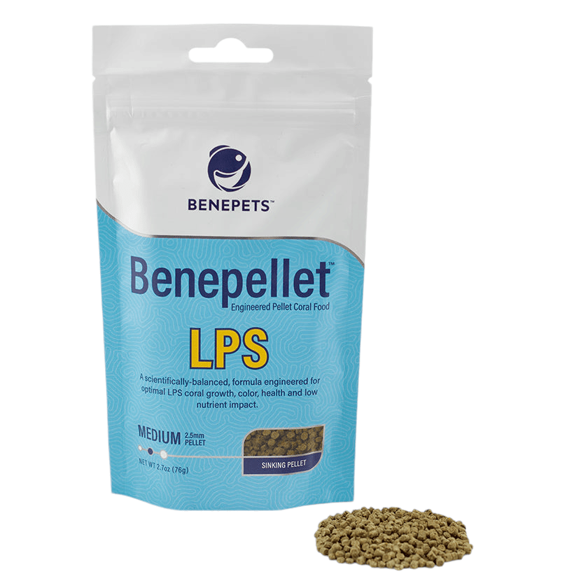 The Benepets - Benepellet LPS - Medium 2.5mm - 76g packaging showcases a white and blue bag adorned with the brand logo and product information, alongside a small pile of brown pellets in front.