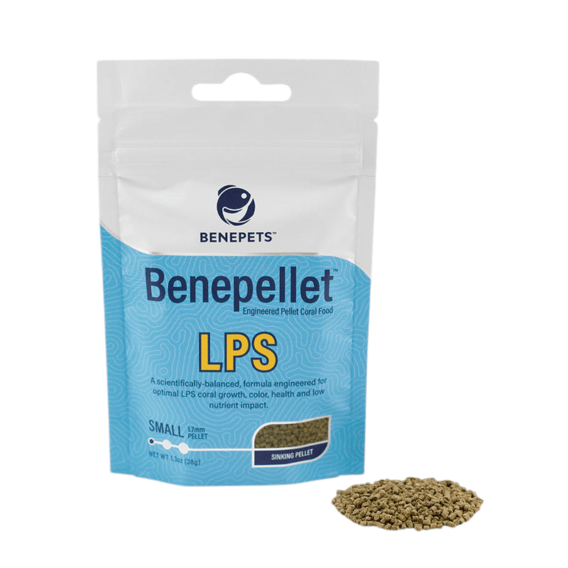 A package of Benepets - Benepellet LPS - Small 1.7mm - 152g is set against a white background, featuring a blue design and labeled as Small Pellet. Beside the package, there is a small pile of greenish-brown pellets.