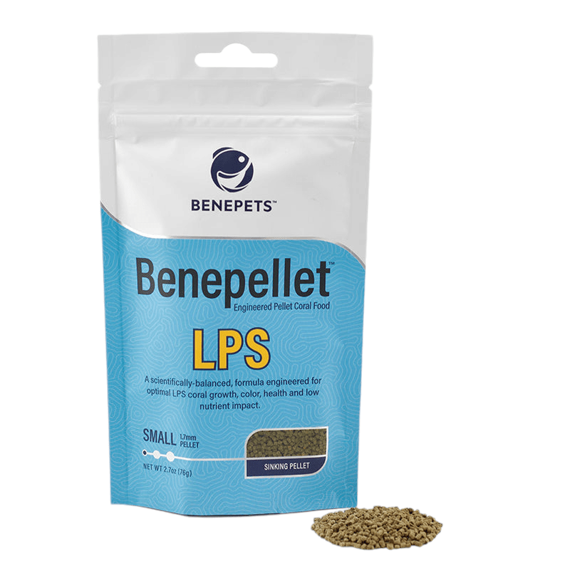 A white and blue package labeled as Benepets - Benepellet LPS - Small 1.7mm - 38g is shown, described as a scientifically balanced pellet formula for enhancing coral health. In front of the bag, a small pile of pellets is displayed.