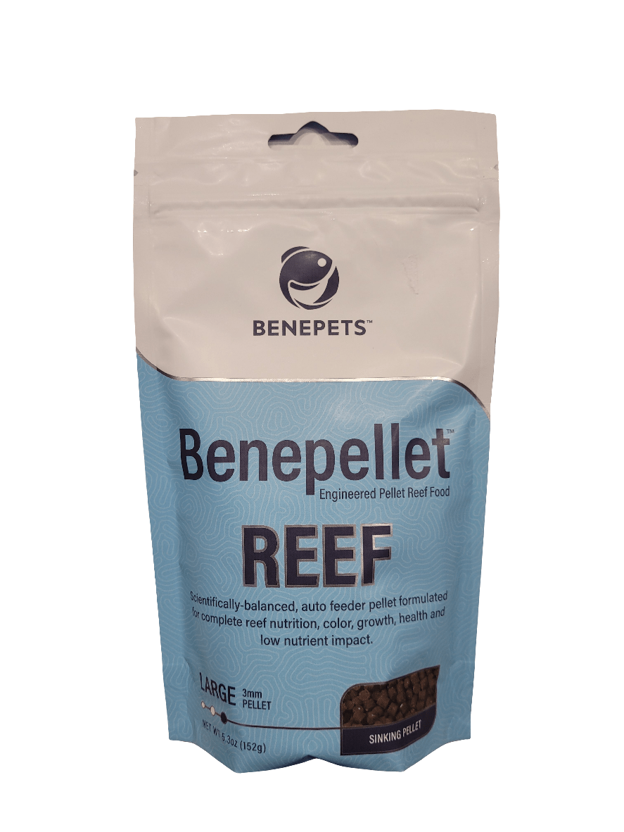 The Benepets Benepellet Reef, a 152g bag of large 3mm pellets specifically designed for reef aquariums, highlights the REEF label against a blue background. The bottom section of the bag reveals the visible pellets inside.