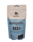 The Benepets Benepellet Reef, a 152g bag of large 3mm pellets specifically designed for reef aquariums, highlights the REEF label against a blue background. The bottom section of the bag reveals the visible pellets inside.