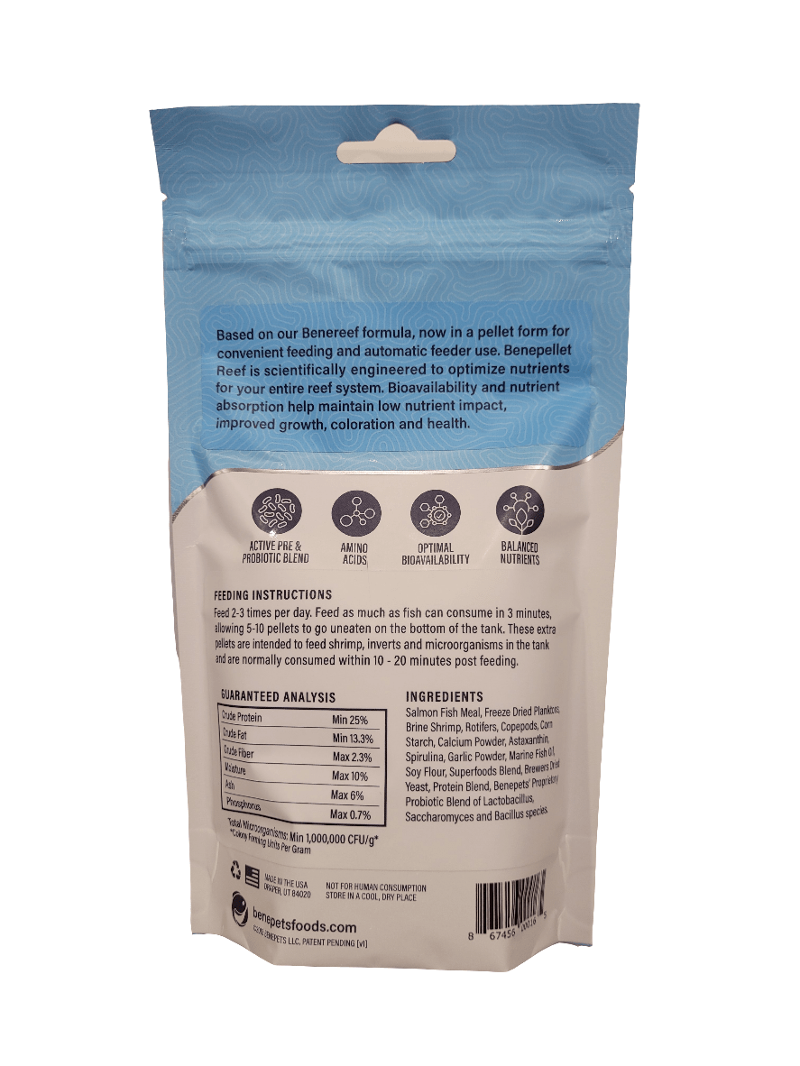 A package of Benepets - Benepellet Reef fish food, featuring a sleek blue and white design. The packaging lists ingredients, feeding instructions, and benefits, emphasizing the inclusion of probiotics and nutrients to enhance fish health. The 152g bag is securely sealed and stands upright.