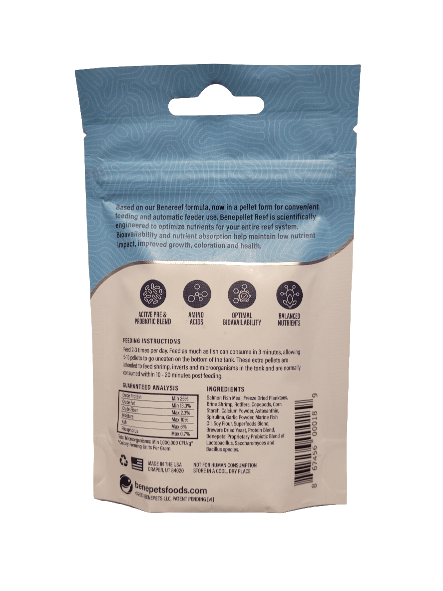 A blue and white product package labeled Benepets - Benepellet Reef - Large 3mm - 38g, featuring text detailing its benefits: active pre and probiotics, amino acids, optimal bioavailability, and balanced nutrients. The package includes nutritional information and a barcode.