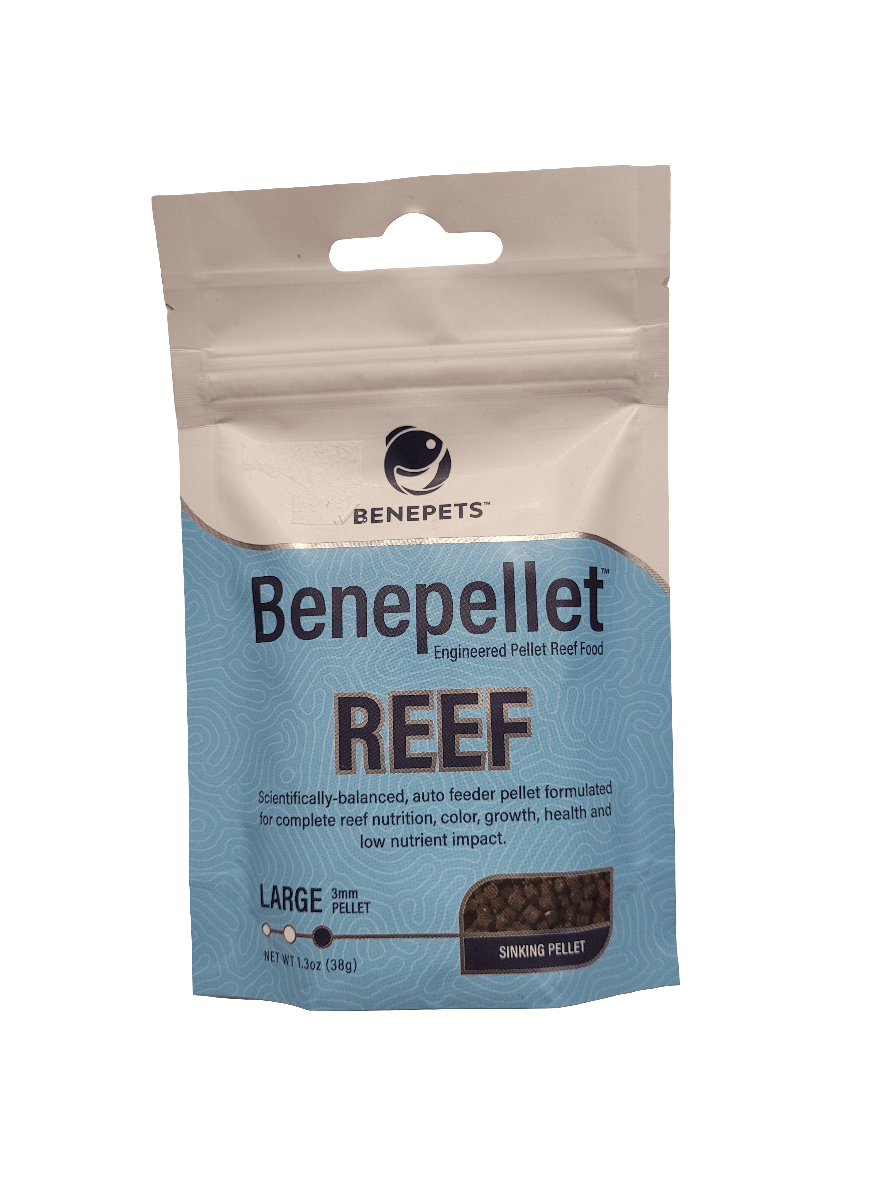 A package of Benepets Benepellet Reef Engineered Pellet Reef Food. The bag is blue with text indicating it contains large, 3mm sinking pellets, weighing 38g, designed for reef nutrition and health.