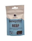 A package of Benepets Benepellet Reef Engineered Pellet Reef Food. The bag is blue with text indicating it contains large, 3mm sinking pellets, weighing 38g, designed for reef nutrition and health.