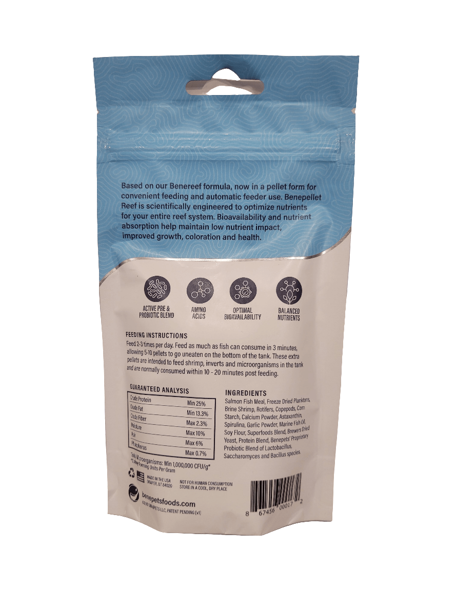 The reverse side of a blue and white Benepets - Benepellet Reef - Large 3mm - 76g fish food package showcases features such as active prebiotics and optimal bioavailability. It also provides feeding instructions, a guaranteed analysis, and an ingredients list.