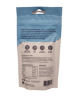 The reverse side of a blue and white Benepets - Benepellet Reef - Large 3mm - 76g fish food package showcases features such as active prebiotics and optimal bioavailability. It also provides feeding instructions, a guaranteed analysis, and an ingredients list.