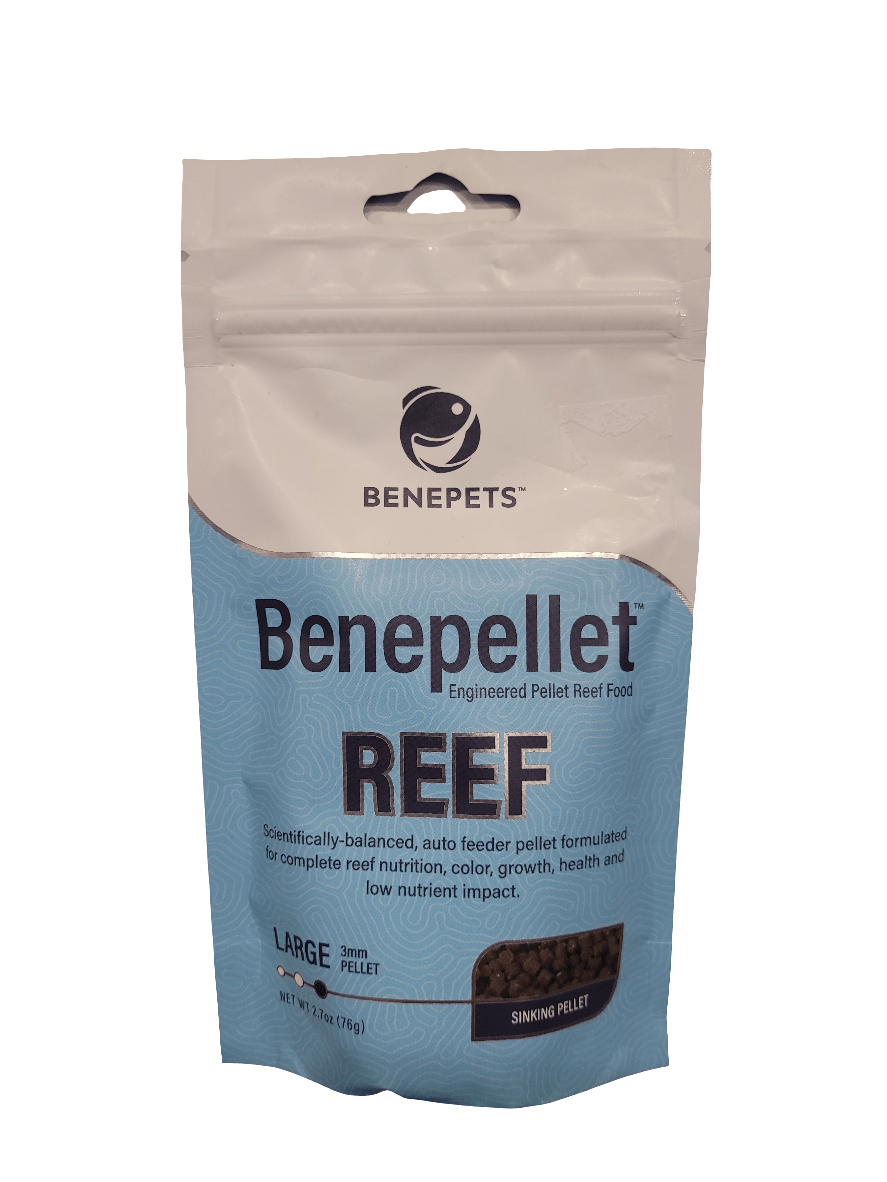 A bag of Benepets - Benepellet Reef - Large 3mm - 76g fish food, featuring blue and white packaging with a black logo on top. It is scientifically balanced for reef nutrition and designed for a low nutrient impact.