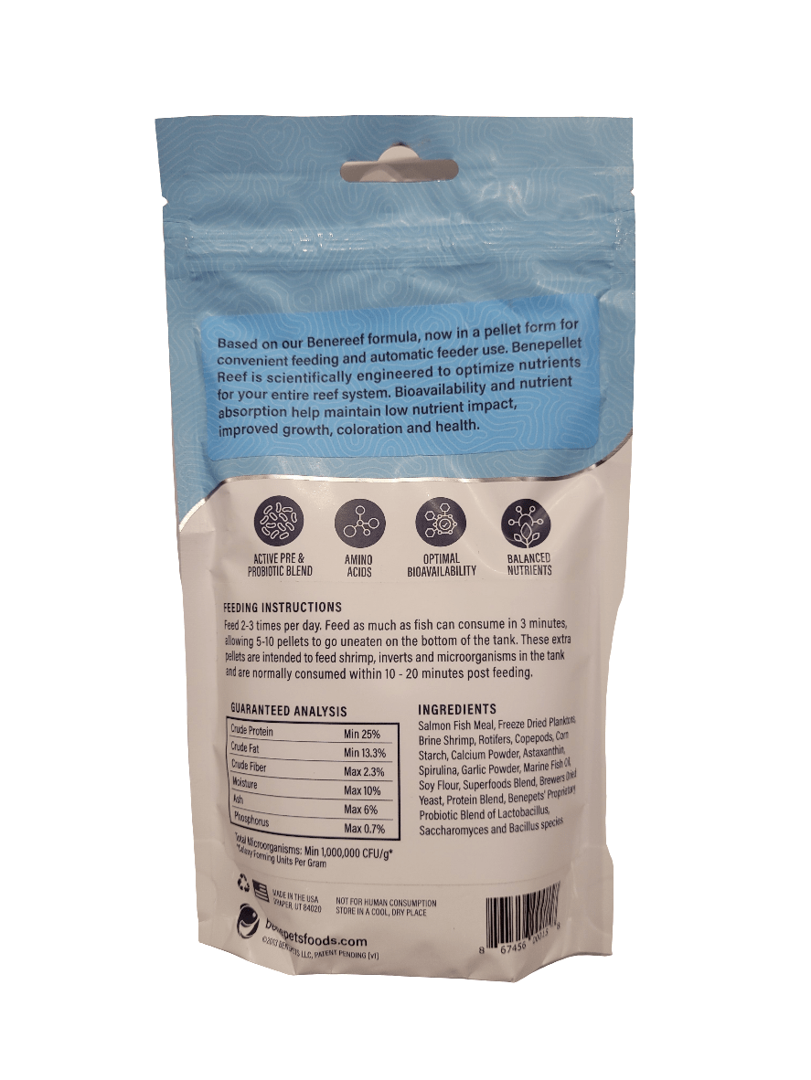 Here's the rewritten sentence using the provided product data:

On the back of the Benepets - Benepellet Reef - Medium 2.5mm - 152g pet food package, you'll find detailed information about its key features, including an active pre and probiotic blend, optimal bioavailability, and balanced nutrients. The package also contains feeding instructions, a guaranteed analysis, and a list of ingredients.