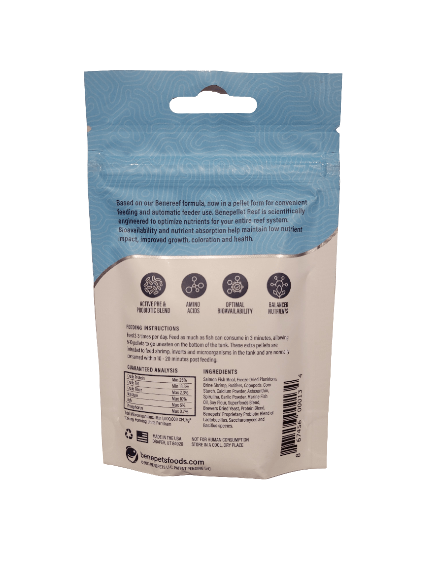 A blue and white package of Benepets - Benepellet Reef - Medium 2.5mm - 38g pet food, featuring text that outlines its benefits, ingredients, guaranteed analysis, and feeding instructions. The packaging highlights attributes such as optimal bioavailability and balanced nutrition.