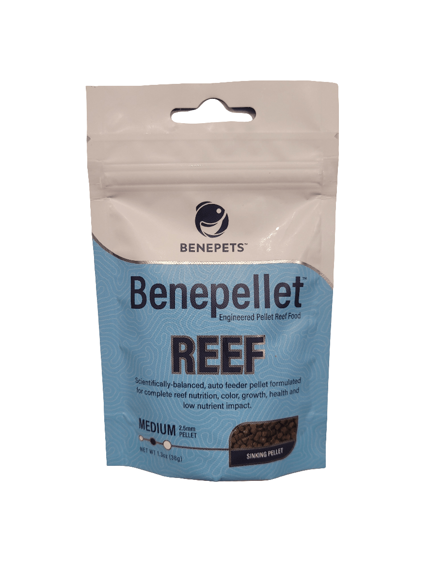 A package of Benepets - Benepellet Reef - Medium 2.5mm - 38g fish food is described on the front label as a scientifically balanced, auto feeder pellet designed for optimum fish nutrition, color enhancement, growth, health benefits, and low nutrient impact.