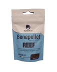 A package of Benepets - Benepellet Reef - Medium 2.5mm - 38g fish food is described on the front label as a scientifically balanced, auto feeder pellet designed for optimum fish nutrition, color enhancement, growth, health benefits, and low nutrient impact.