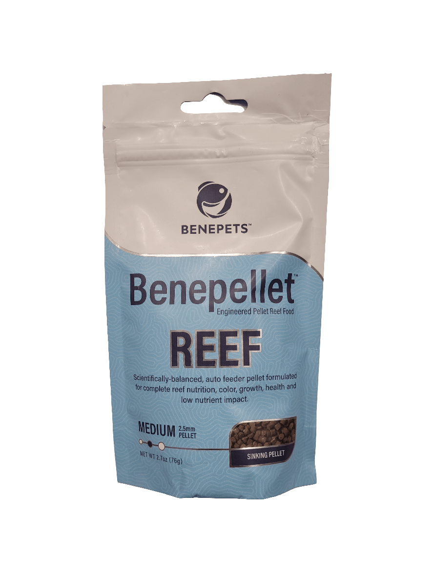 Benepets - Benepellet Reef fish food comes in a 76g package with blue and white labeling. It emphasizes that the medium 2.5mm sinking pellets are scientifically balanced for optimal reef nutrition and health.