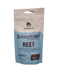 Benepets - Benepellet Reef fish food comes in a 76g package with blue and white labeling. It emphasizes that the medium 2.5mm sinking pellets are scientifically balanced for optimal reef nutrition and health.